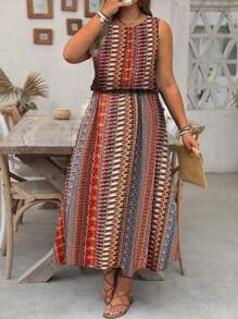 SHEIN Clasi 大码复古条纹开叉无袖收腰度假沙滩裙，春夏季