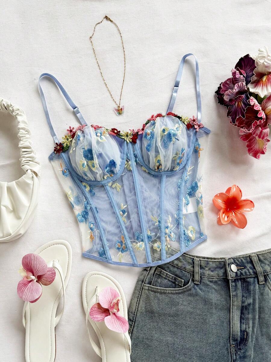 Soleia WYWH 度假绿色鱼骨刺绣网眼文胸，夏季女士服装 - 藍色 - 查看 1