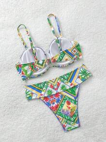 Soleia Women's Swimwear, Sexy Elegant Bird Print Pattern, Adjustable Shoulder Straps, High Waisted High Cut Bottoms, Summer Vacation Swimwear Set - Multicolor - View 2