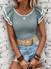 SHEIN Clasi 女式荷叶边袖修身T恤，夏季时尚