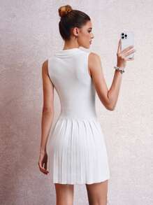 SHEIN Clasi Women Embroidered Design Zip High Neck Sleeveless Pleated Hem Dress - White - View 2