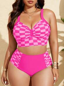 Swim Lushoire Große Größen Frauen Schachbrett Plissee Bikini Set, Sommer Strand