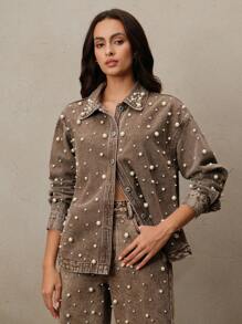 Anewsta Women's Elegant Fashionable Denim Shirt With Pearl And Rhinestone Design, Suitable For Spring, Valentine's Day, Parties, Elegant, Holiday, Vacation
