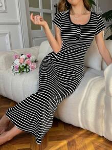 SHEIN Women Striped Square Neck Half-Zip Up Short Sleeve Casual Dress, Loungewear