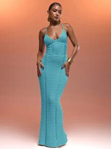 MUSERA 钩针编织露背吊带束身胸衣拼接系带露背长款毛衣连衣裙，适合夏季度假、性感伊比沙岛风情、春季海滩度假、优雅冬季约会之夜、时尚嘉年华假期。 - 藍色 - 查看 4