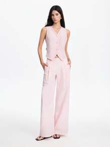 LYSMO 2025春夏新品女士复古风亚麻背心，前后拼接条纹设计和复古渐变效果，V领无袖系带腰部不对称门襟短款背心。简约百搭，修身剪裁，非常适合秋冬休闲商务风格和轻松的办公室穿着 - 藍色 - 查看 6