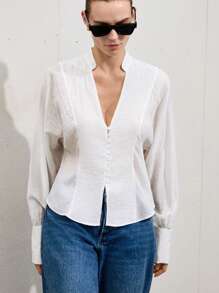 Aveloria Modichic Elegant Vacation Textured Sheer Fabric Relaxed & Soft Crossed Strappy Design Long Sleeve Women Shirt Fall Cloth For Women - White - View 3