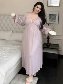 Dazy Plus Váy ngủ dài thắt eo có nơ cổ hình trái tim cỡ lớn, màu hoa oải hương, đồ ngủ, dành cho mùa thu, mùa đông - Màu tím hoa cà - Xem 3