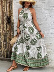 SHEIN VCAY 大码夏季假日花卉印花荷叶边下摆吊带连衣裙 - 彩色 - 查看 5