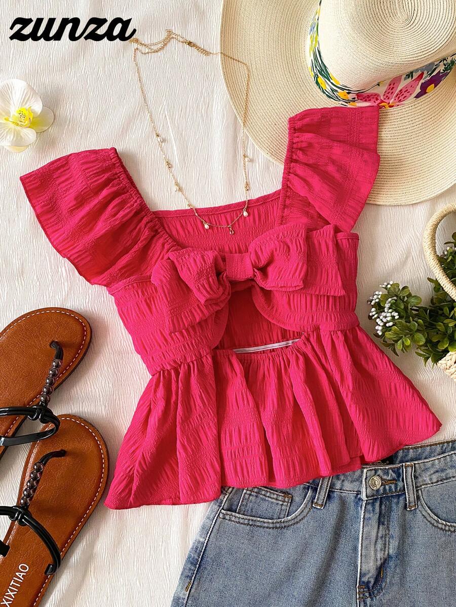 Blusa estilo casual y colegial con rayas y mangas con volantes para niña preadolescente, camisa de manga corta con lazo para la escuela, vacaciones, primavera/verano - Rosa Fucsia - Ver 1