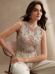 Anewsta 2025 New Spring/Summer Unique Casual Pearl, Sequin & Embroidery Sleeveless Cropped Tank Top - Apricot - View 4