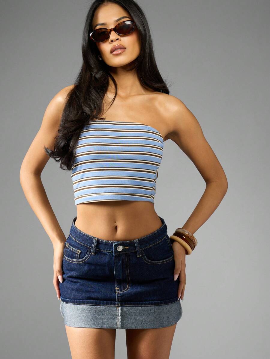 MISSGUIDED Denim Mini Skirt Rigid Wash Fold Over Cuff High Rise Raw Hem Classic Above Knee Summer - Dark Wash - View 1