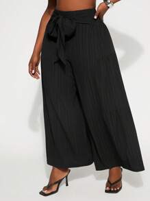 SHEIN SXY Pantalones anchos de pierna ancha de primavera y verano elegantes y sexy para mujer de talla grande, de unicolor, con cintura elástica multicapa dividida y cinturón incorporado, adecuado para uso diario - Negro - Ver 7