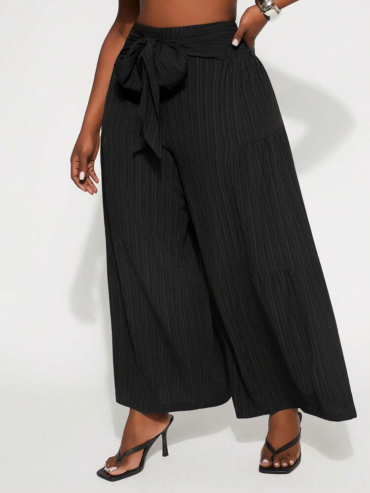 SHEIN SXY 大码女装春夏优雅性感纯色多层开叉松紧腰带收腰阔腿裤，内置腰带，适合日常穿着 - 黑色 - 查看 7