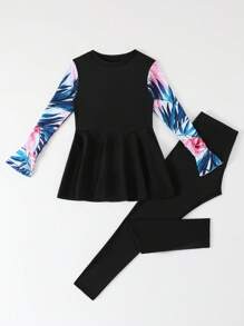 Tween Girls Tropical Plant Flower Print Trumpet Sleeve Tankini Swimsuit Set - Black - View 7