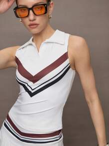 Activina Activina Polo sport casual da donna con blocchi di colore e righe, senza maniche