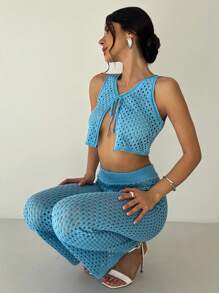 Firerie Ensemble deux pièces femme avec Top ajouré sexy et pantalon large taille haute en tricot - Bleu azur - Voir 7