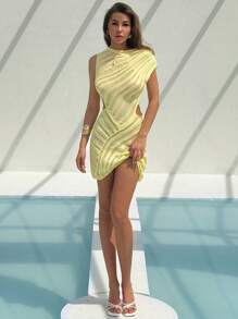 Aloruh Robe pull femme minimaliste à couleur unie, col asymétrique et ourlet creux, pour l'été - Jaune citron - Voir 5