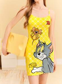 TOM & JERRY X SHEIN Vestido estilo top de tirantes con estampado de dibujos animados de verano para mujer
