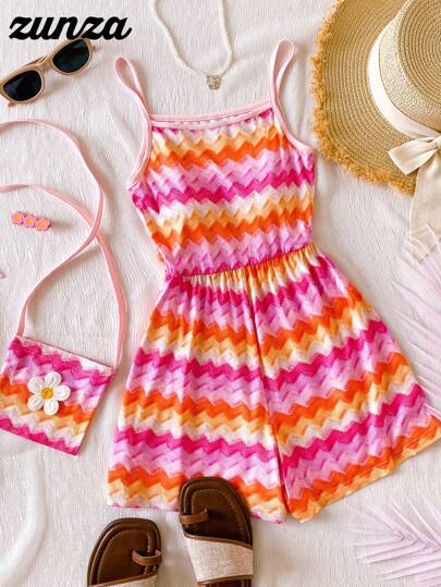 青春期女孩迷人多彩连体裤，含随附包袋，彩虹条纹连体裤，带荷叶边蝴蝶结肩带，适合度假、上学和郊游，春夏季