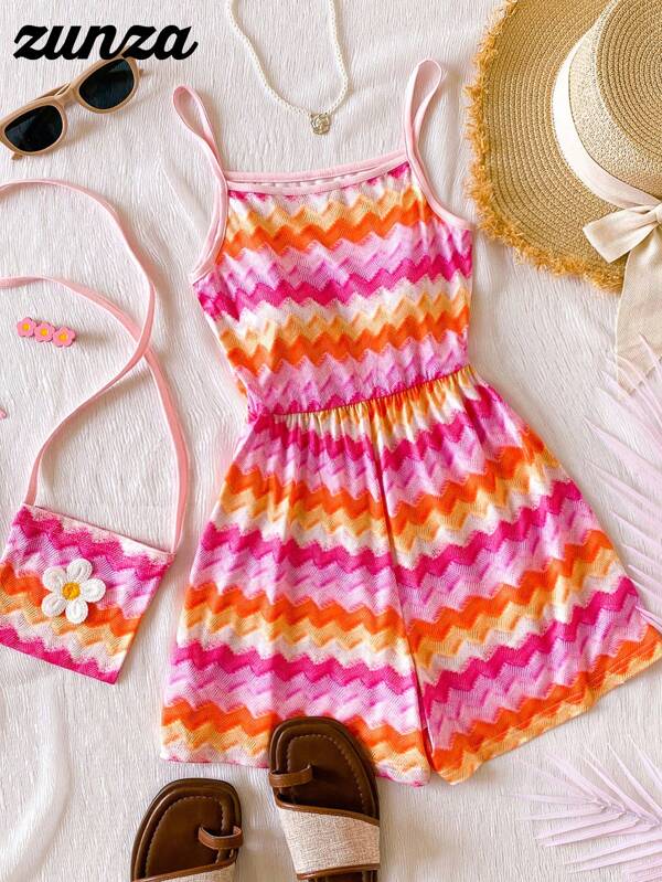 WESTFADE Young Tween Girl Glamorous & Multicolored Jumpsuit With Included Bag, Rainbow Striped Romper With Ruffled Bow Strap, Suitable For Vacation, School And Outings, Spring/Summer Tween Tropical Romper Girls Summer Romper