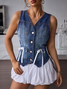 SHEIN EZwear 女士休闲无袖牛仔夹克，带蝴蝶结装饰，夏季 - 藍色 - 查看 5