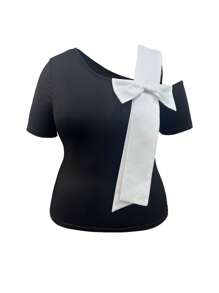 Flirla Plus Size Color Block Bow Shoulder T-Shirt - White - View 1
