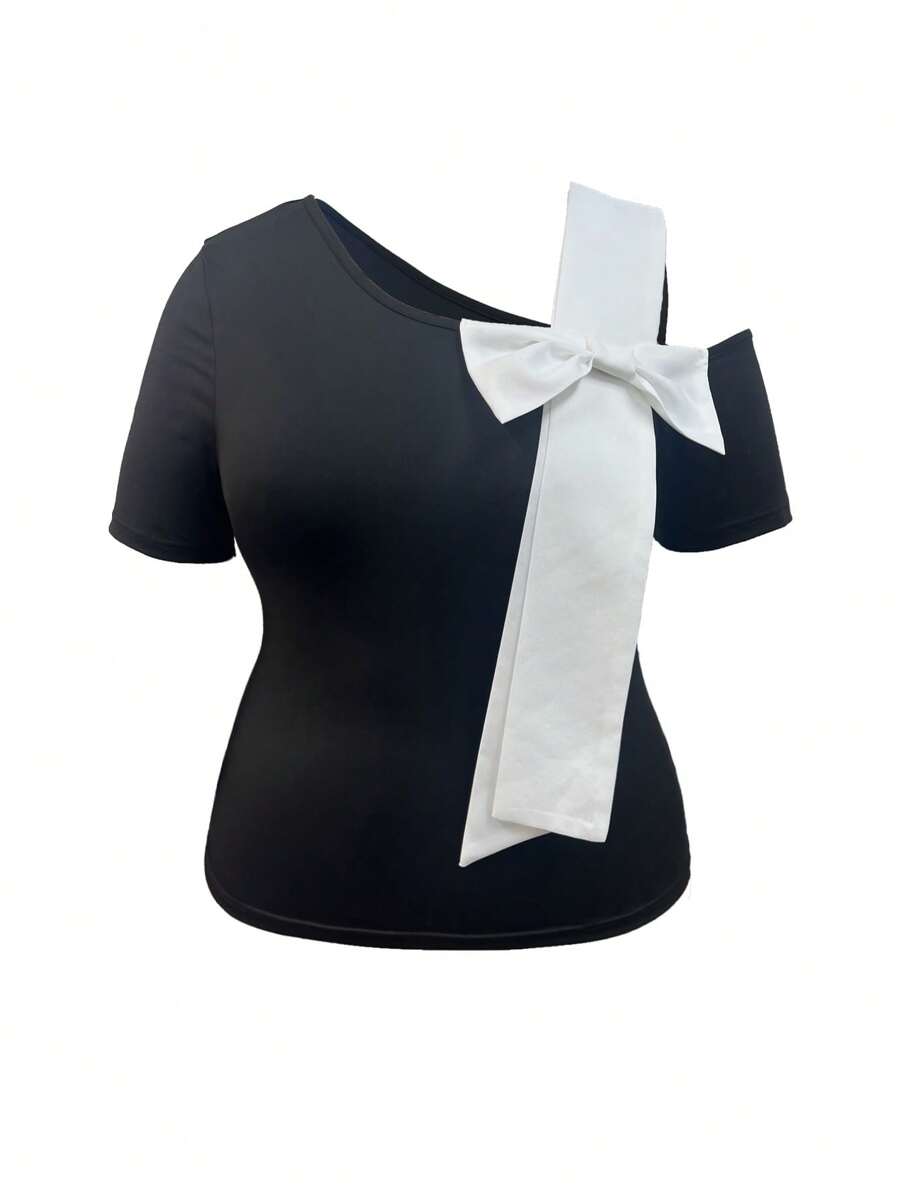 Flirla Plus Size Color Block Bow Shoulder T-Shirt - White - View 1
