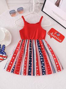 女婴红色蝴蝶结装饰和独立日星星印花吊带裙，可爱优雅，适合日常、度假和休闲场合 - 紅色 - 查看 2