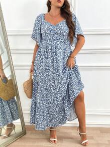 SHEIN Clasi Curve Plus Size Women's Romantic Daily Leisure Vacation Blue And White Ditsy Floral Sweetheart Neck Ruffled Lotus Sleeve Waist A-Line Long Dress,Honeymoon Outfits Woman,Summer Dresses For Women,Vacation Outfits Woman,Country Concert Outfit,Casual Dress,Ruffle Skirt,Going Out,Ditsy Floral Dress Women - Blue and White - View 5