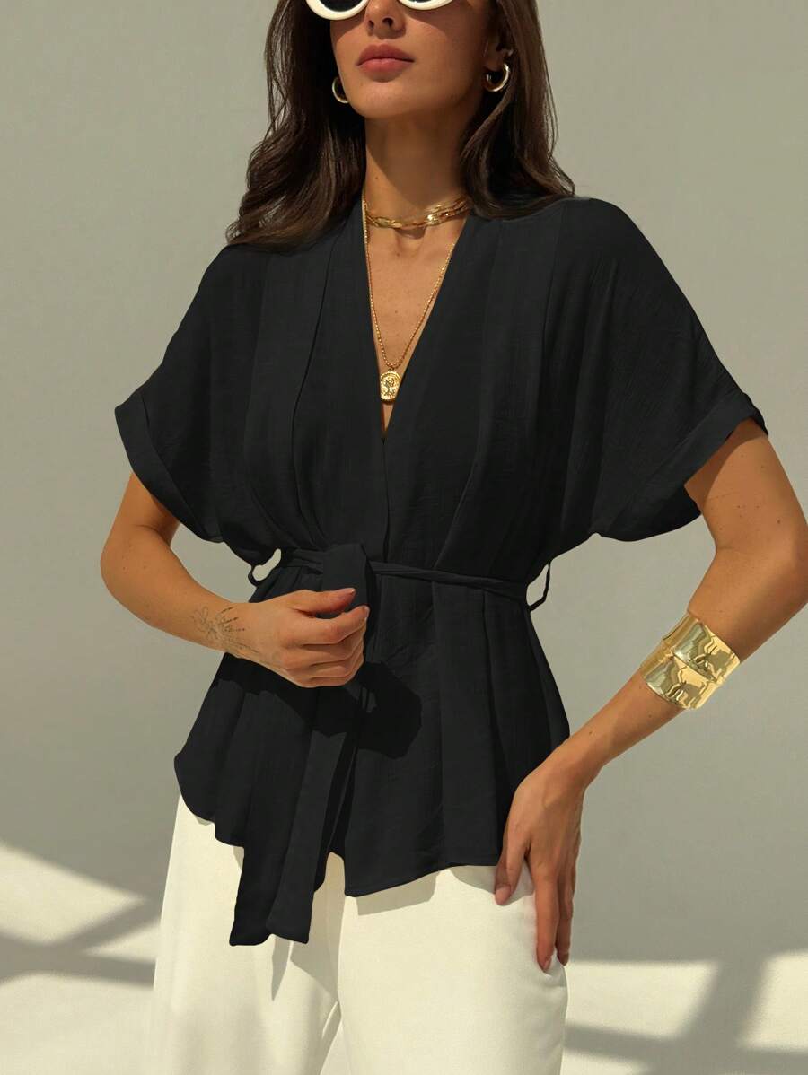 Aloruh Áo cánh tay ngắn cổ chữ V tối giản màu trơn cho nữ - màu đen - Xem 1