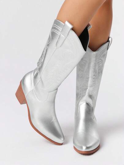 Goth Stivali da cowboy da donna, colore argento, punta affusolata alla moda con disegno ricamato, tacco largo, adatti per primavera e autunno