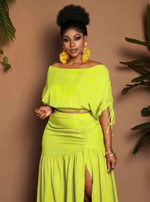 Maweii Plus Size Solid Color Asymmetric Collar Short Sleeve Top And High Slit Skirt 2 Pieces Set