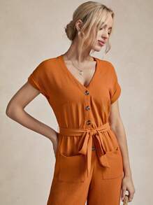 SHEIN LUNE Summer Women's Solid Color Short Sleeve Jumpsuit With Pockets - Brown - View 6