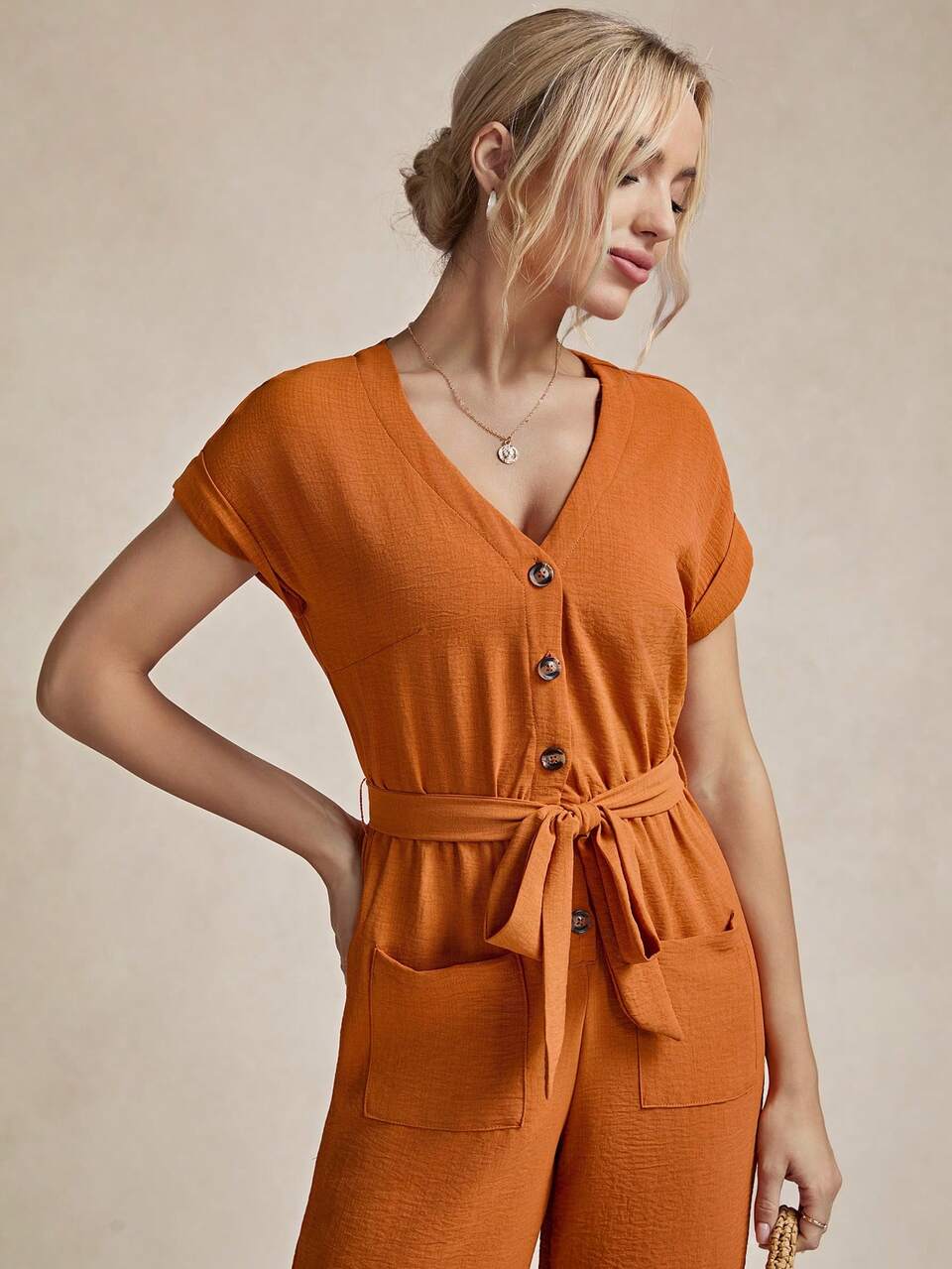 Summer Women's Solid Color Short Sleeve Jumpsuit With Pockets