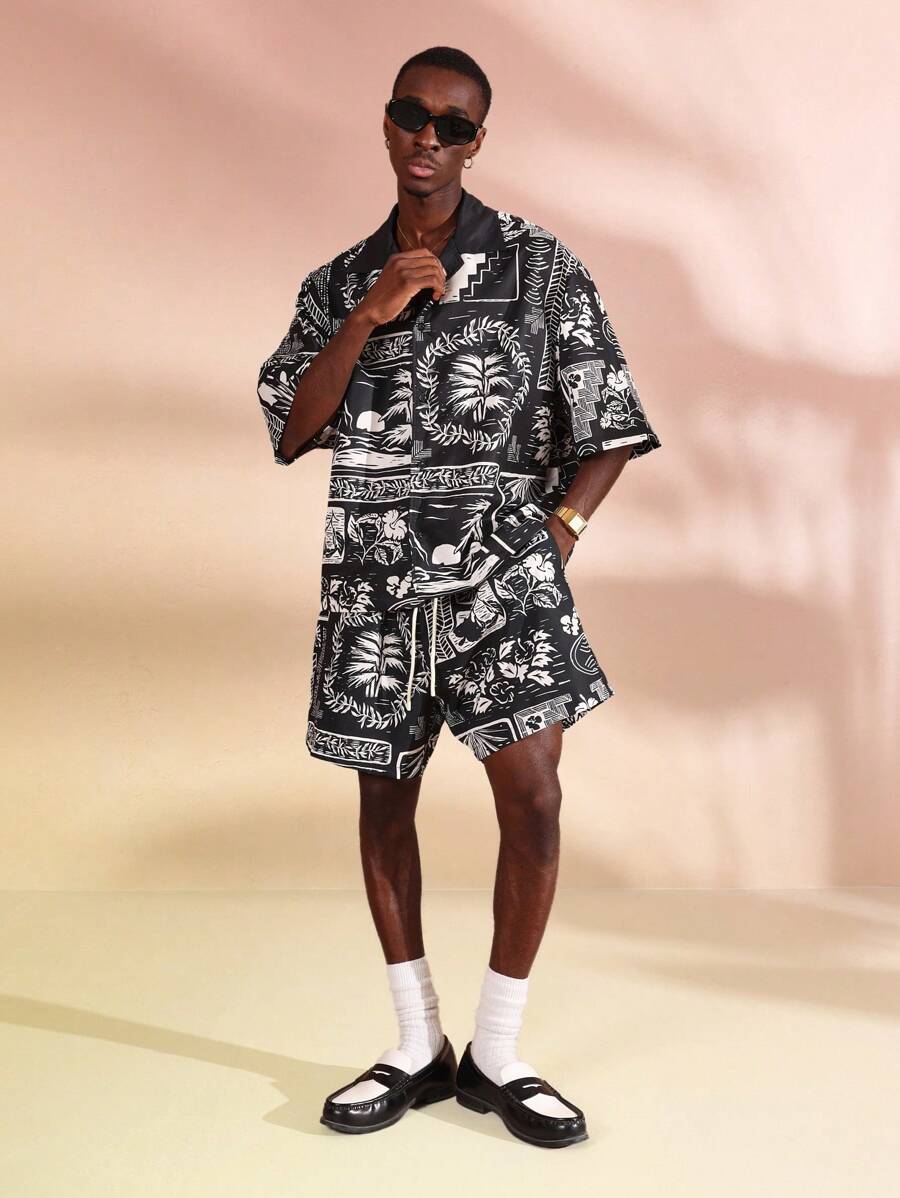 SUMWON Tropisches Resort Palmen Muster Zusammenpassende Set bestehend aus Hemd und Shorts, Strandurlaub Party Sommer Wochenendausflug Lässig Lässig Allover-Muster