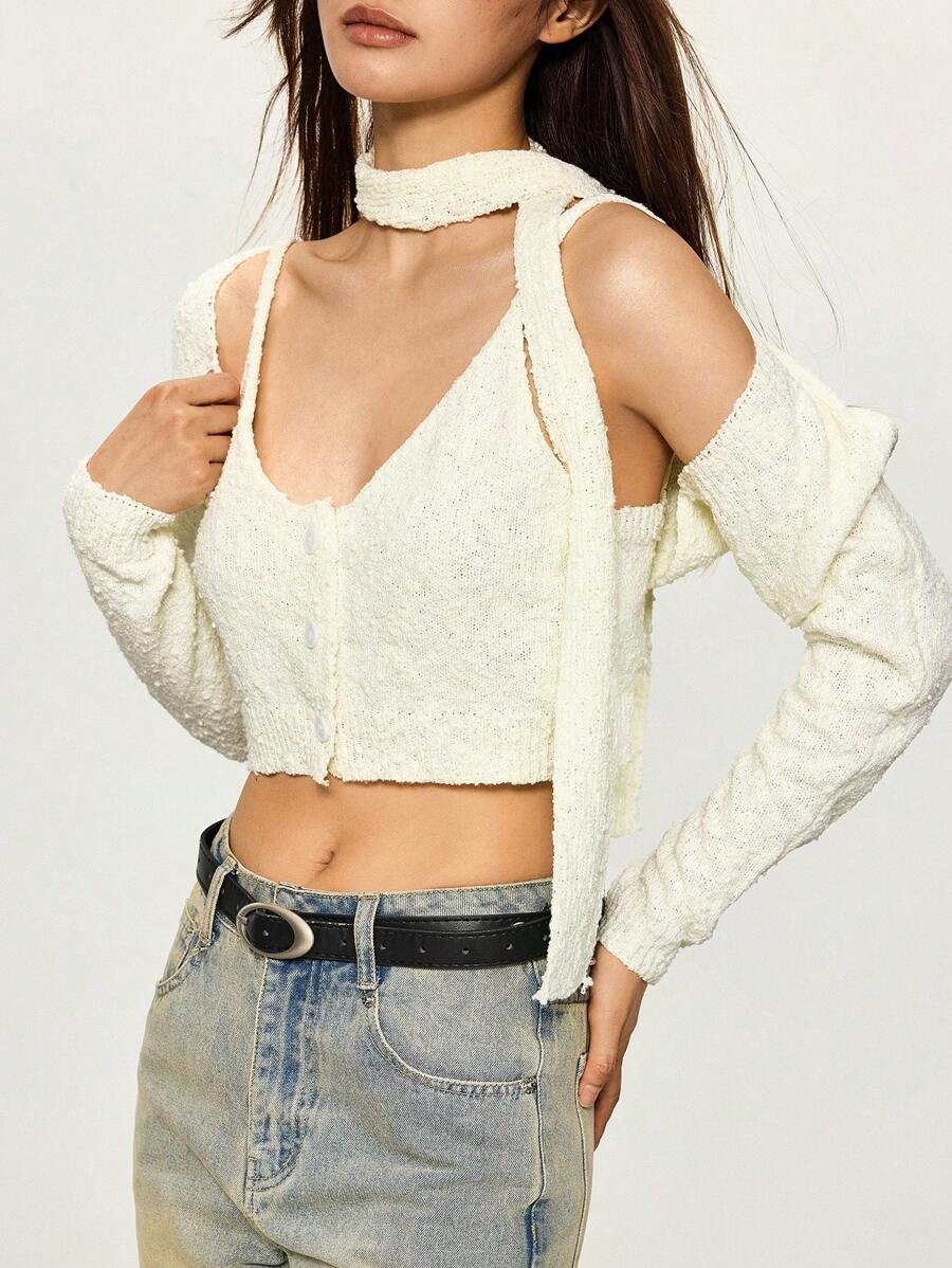 INAWLY Bộ áo len cardigan dài tay màu trơn và áo ba lỗ crop top dệt kim ngắn cho nữ - trắng - Xem 1