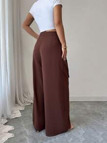 Elenzga Women's Elegant Everyday Pleated Tie Asymmetrical Coffee Color Suit Pants