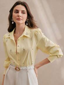 Anewsta Women's Casual/Office Wear Long Sleeve Rhinestone Button Blouse Women Shirt