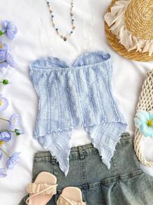 SHEIN 少女情人节度假风芥末蓝纹理抹胸，正面扭纹，荷叶边修身衬衫。适合下午茶、街头、度假、叠穿或派对穿着，秋冬季