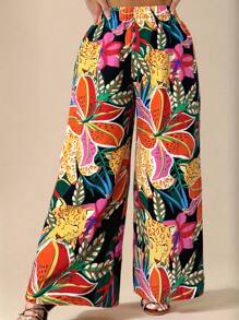 Travachic 大码花卉印花阔腿休闲裤，适合夏季海滩度假 - 黑色 - 查看 5