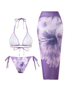 Swim Oasis 3pcs/Set Women Summer Beach Vacation Outfits, Floral Print Bikini Set And Mesh Tie-Front Beachwear Dress, Bohemian Holiday Style - Purple - View 2