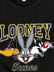 LOONEY TUNES X SHEIN Camiseta de manga corta informal con estampado de letras inglesas y gráficos de dibujos animados para niño preadolescente, cómoda para el verano