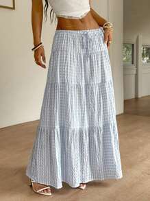 SHEIN EZwear Falda larga a rayas azules y blancas para mujer, adecuada para vacaciones de verano - Azul y blanco - Ver 3