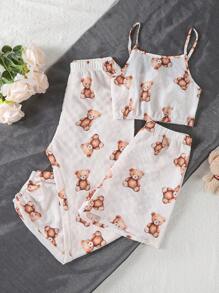 3pcs Set Tween Girl Casual Cute Bear Cartoon Print Soft Top, Shorts & Pants Homewear Fathers Day Gifts Puppy Summer Beach Summer Clothes Pajamas Sets - Multicolor - View 1