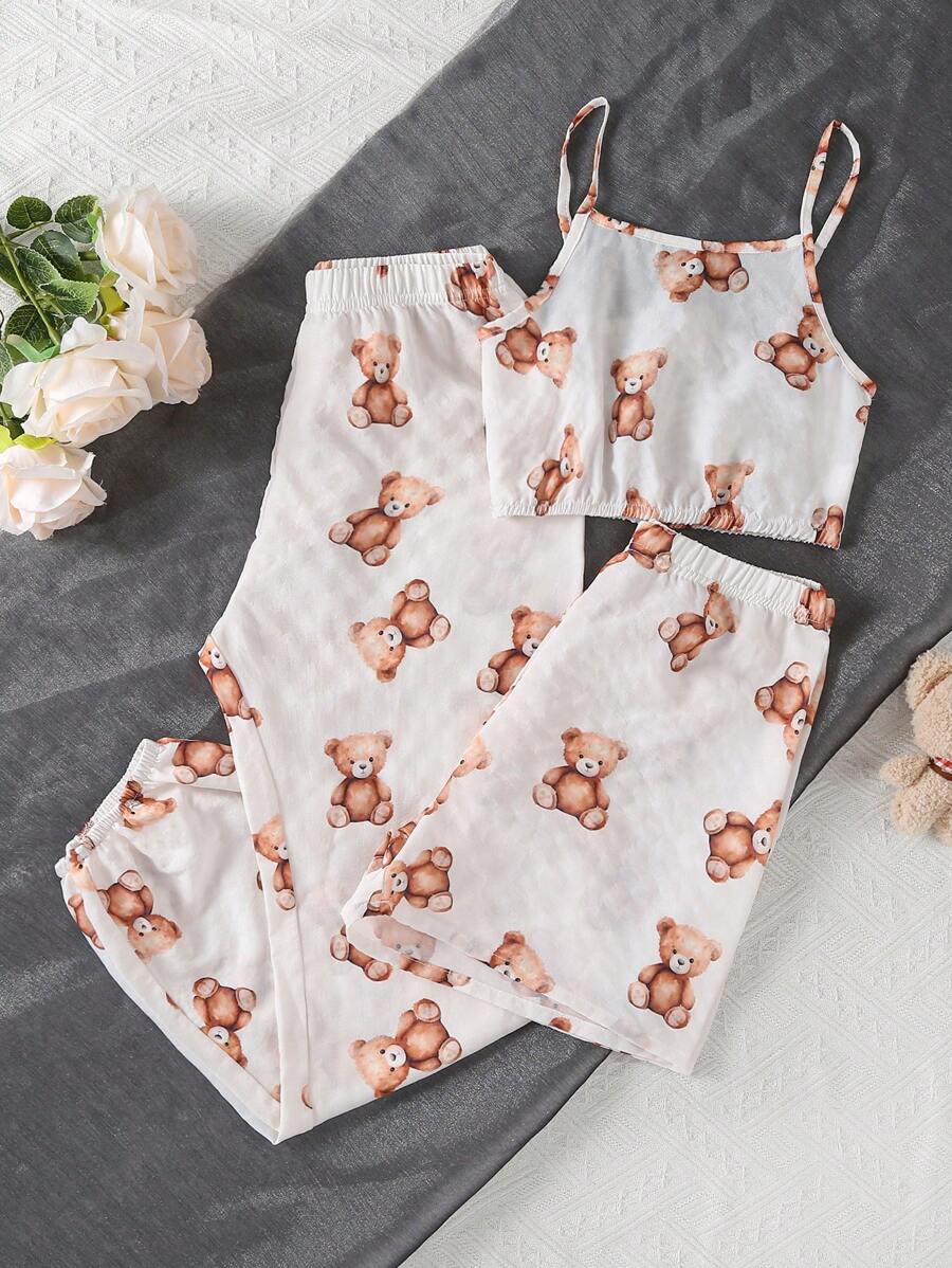 3pcs Set Tween Girl Casual Cute Bear Cartoon Print Soft Top, Shorts & Pants Homewear Fathers Day Gifts Puppy Summer Beach Summer Clothes Pajamas Sets - Multicolor - View 1