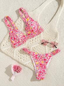 Swim Mod New Women Swimsuit Set, Random Floral Print Top With Thick Straps And Random Floral Print High Cut Bottoms For Summer Beach Vacation