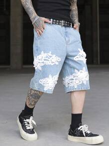 Manfinity EMRG Men's Floral Applique Pocket Casual Versatile Denim Shorts