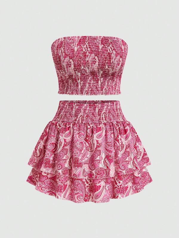 Sweetra Damen Große Größen Retro Romantisch Cashewnuss Blumen Muster Bandeau Top und Mini Rock 2 Stücke Set, süß & schlicht
