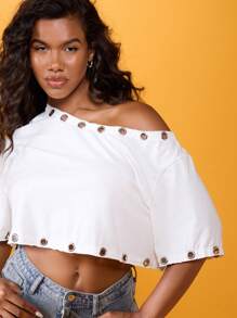 MISSGUIDED 露肩短款 T 恤孔眼细节节日夏季休闲派对棉混纺短袖时尚上衣 - 白色 - 查看 4
